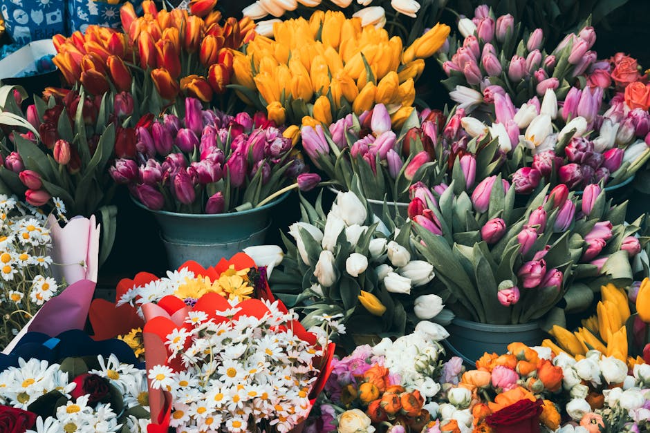 A vibrant display of fresh tulips and daisy bouquets arranged in blue metal buckets and wrapped floral bundles. The tulips feature shades of pink, white, yellow, and orange, with some petals slightly